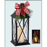 Holiday Black Lantern with Pinecone and Red Stripe Bow