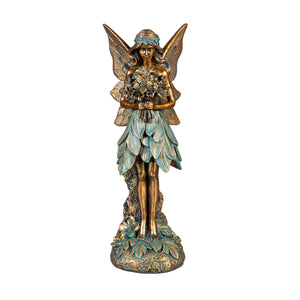 Patina Painted Fairy Holding Flowers Garden Statue 14"