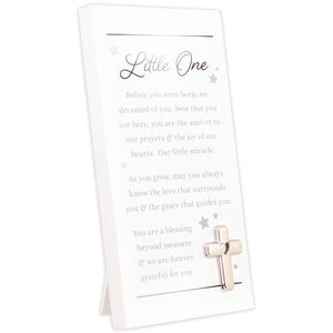Little One A Blessing Beyond Measure Forever Grateful Wood Sentiment Plaque with Easel Back and Metal Cross Attachment