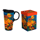 Mariposa Melody Monarch Butterfly 17 Oz. Ceramic Travel Cup with Lid and Box