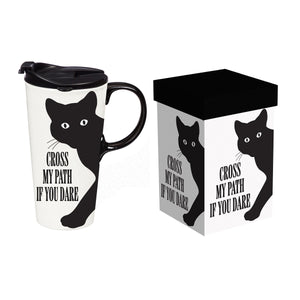 Cross My Path You Dare Black Cat 17 Oz. Travel Cup with Lid and Box
