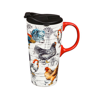Rooster Collage Ceramic 17 oz. Travel Cup with Matching Gift Box
