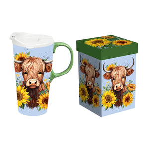 Highland Cow and Sunflower 17 Oz. Travel Cup with Lid and Box