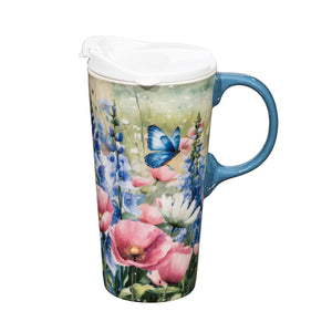 Wildflowers and Blue Butterfly 17 Oz. Travel Cup with Lid and Box