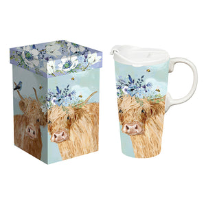 Brown Cows with Bees Ceramic Perfect Travel Cup, 17oz., with Gift Box