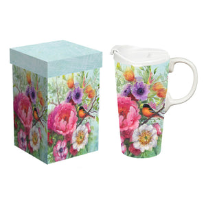 Bird Blossom Ceramic On the Go Travel Cup, 17 oz. with gift box