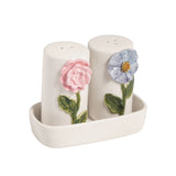 Blue and Pink Flowers Salt & Pepper Shaker Set in Caddy Tray