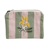 Pink Green Stripe Yellow Floral Embroidery Zipper Pouch