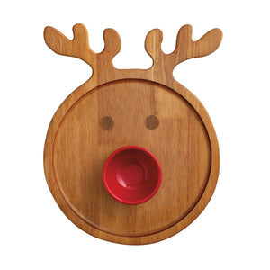 Carved Rudolph Reindeer Board with Red Ceramic Dip Bowl Set of 2