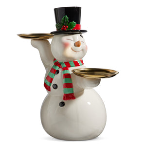 16" Retro Snowman with Cake Plate Figurine Statue
