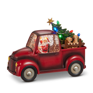 9" Santa and Dogs with Lighted Christmas Tree in Red Truck Water Globe Lantern