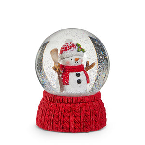6.5" Knitted Red Scarf and Base Snowman with Broom Musical Wind-Up Water Globe Plays Jingle Bells