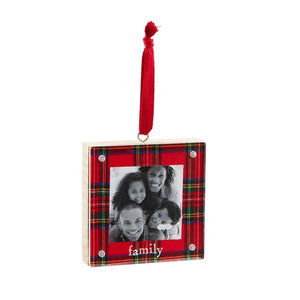Family Wood & Acrylic Frame Holiday Ornament with Ribbon Loop Hanger, 4"