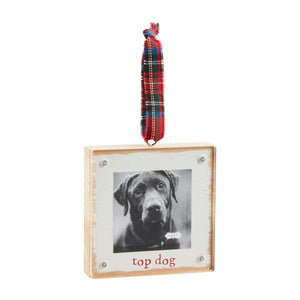 Top Dog Wood & Acrylic Frame Holiday Ornament with Ribbon Loop Hanger, 4"