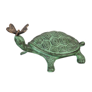 14" Metal Verdigris Turtle and Butterfly Garden Statue