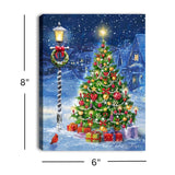 Glowing Christmas Tree with Star and Lamp Post Festive Evening  Lighted Canvas with Easel Back 8"x6"