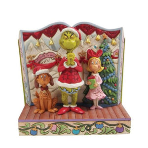 Jim Shore First Edition Grinch Max and Cindy Lou in Front of Book with Real Bells and Lighted Christmas Tree 6.25"