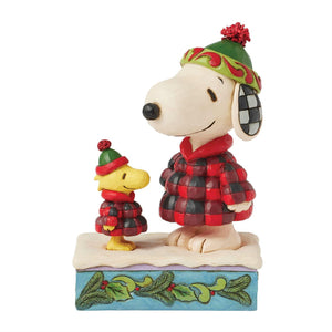 Jim Shore Peanuts Snoopy & Woodstock in Plaid Puffer Jacket 5.5" Figurine