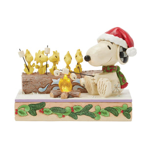 Jim Shore Peanuts Snoopy & Woodstock Roasting Marshmallows Over Light Up Camp Fire 5" Figurine