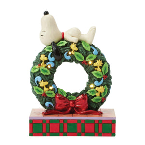 Jim Shore Peanuts Snoopy Sleeping on Lighted Wreath 7.13" Figurine