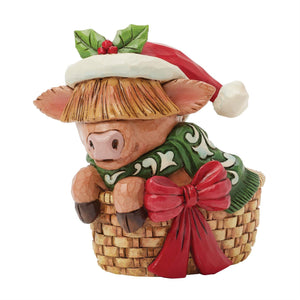 Jim Shore Santa Hat Highland Cow in Basket Mini Figurine 3.54"