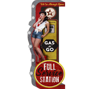 Gas n’ Go Pinup Girl Vintage LED Lighted Off the Wall Marquee Sign 30” x 15”
