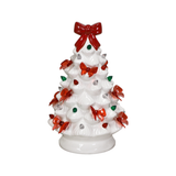 7.5" Holiday Red Bow LED Light Up Ceramic White Tree