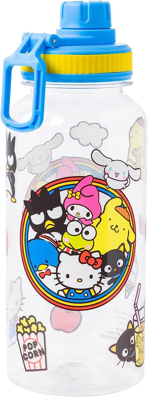 Silver Buffalo Sanrio Hello Kitty and Friends Featuring Badtz-Maru, Pompompurin, Keroppi, My Melody, Tuxedo Sam, Cinnamoroll, and Chococat Plastic Bottle with Sticker Set, 32 Ounces