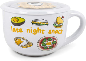  Silver Buffalo Sanrio Gudetama Burp Late Night Snack Lazy Egg Ceramic Soup Mug with Vented Plastic Lid, 24 Ounces (Front)