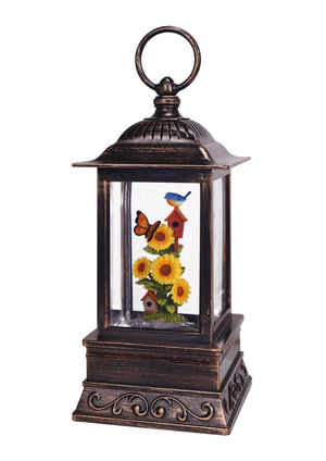 10.5" Blue Bird on Birdhouse and Butterfly on Sunflower Glitter Water Lantern