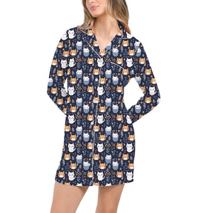 Navy Kitten Garden Long Sleeve Sleep Dress