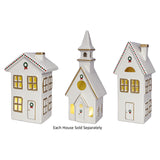 7" Ivory and Gold Village House with LED Lights with Holiday Wreath