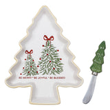 9.25" Christmas Tree with Red Bow Be Merry Joyful Blessed Plate & Spreader