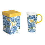 Blue Hydrangeas with Yellow Butterfly 17 Oz. Ceramic Travel Cup with Lid and Box