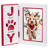 Peace Love and Paws Joy Picture Christmas Pet Hinged Frame with Laser Cut Words and Gold Foil Holds 4" x 6" Vertical Photo
