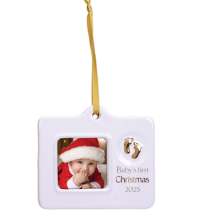 2025 Baby's First Christmas White Ceramic Picture Frame Ornament with Gold Foil Footprints Holds 2.5" Square Photo
