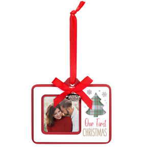 2025 Our First Christmas Picture Frame Ornament with Dated Metal Pendant and Laser Cut Out Tree Holds 2.5" Square Photo