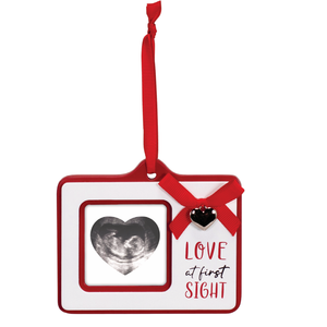 Love At First Sight Sonogram Picture Frame Ornament with Metal Heart Pendant Holds 2.5" Square Photo