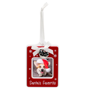 Santa' Favorite Pet Picture Frame Ornament with Silver Paw Heart Pendant Holds 2.5" Square Photo