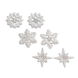 Holiday Earrings Silver Snowflake with Crystals Trio