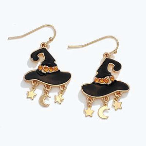 Halloween Earrings Black Witch Hat with Gold Moon and Stars