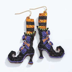 Halloween Earrings Witchy Black Boots with Orange Glitter Legs