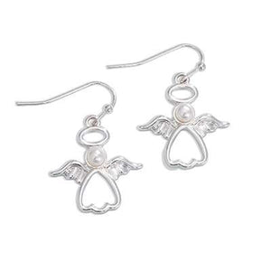 Holiday Earrings Silver Open Angels with Pearls