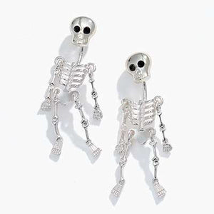 Halloween Earrings Silver Dangling Skeletons