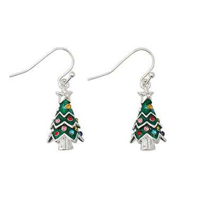 Holiday Earrings Trimmed Christmas Tree with Multi-Color Ornaments and Silver Star Tree Topper