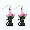Halloween Earrings Purple Hat Black Cats with Green Eyes