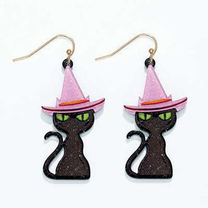 Halloween Earrings Purple Hat Black Cats with Green Eyes