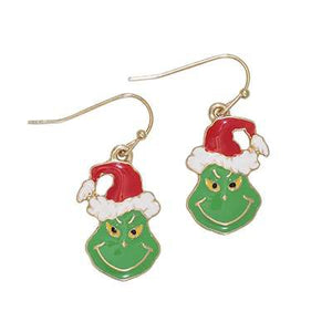 Holiday Earrings Enamel Christmas Grinch with Santa Hat
