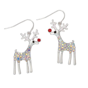 Holiday Earrings Silver Rudolph with Crystal