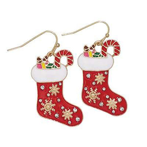 Holiday Earrings Red Filled Stocking with Snowflakes